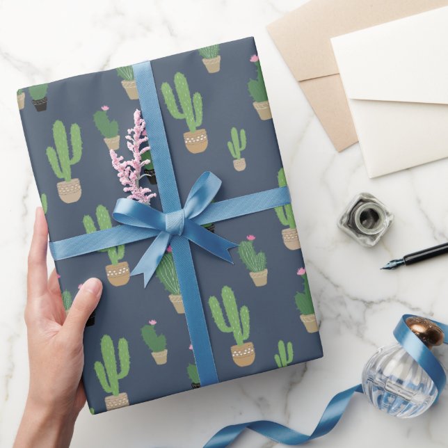 Papel De Presente Padrão de Cacto Verde Fofo em Azul (Presentear)