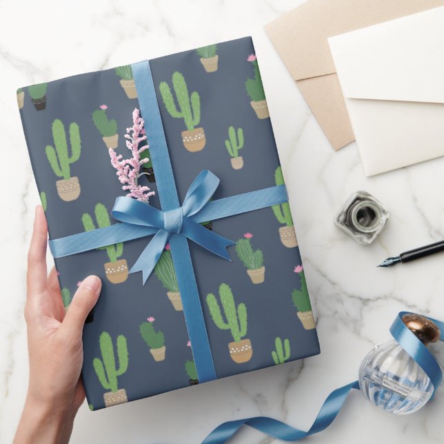 Papel De Presente Padrão De Cactus Verde E Bonito Em Azul (Presentear)