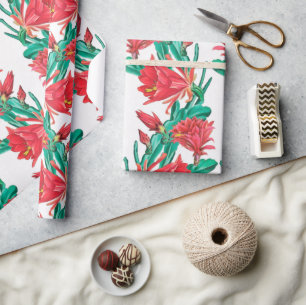 Papel De Presente Padrão de Cactus Vermelho Verde