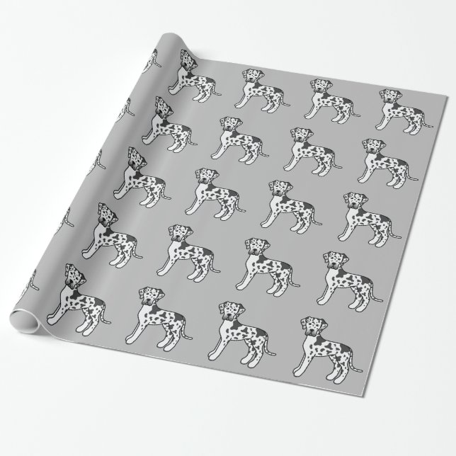 Papel De Presente Padrão de Cães Great Dane Harlequim em Cinza (Desenrolado)