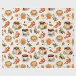 Papel De Presente Padrão de Café e Torta de Outono com Folhas em Ton
