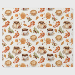 Papel De Presente Padrão de Café e Torta de Outono com Folhas em Ton