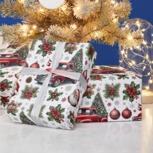 Papel De Presente Padrão de Caminhão Vermelho Natalício Festivo
