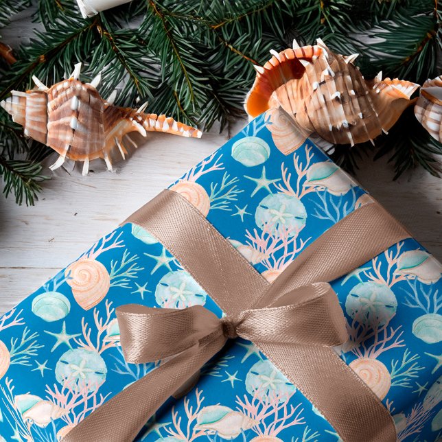 Papel De Presente Padrão de Cana de Cobra Azul Costeira de Natal (Coastal Blue Christmas Watercolor Seashell Pattern Wrapping Paper)