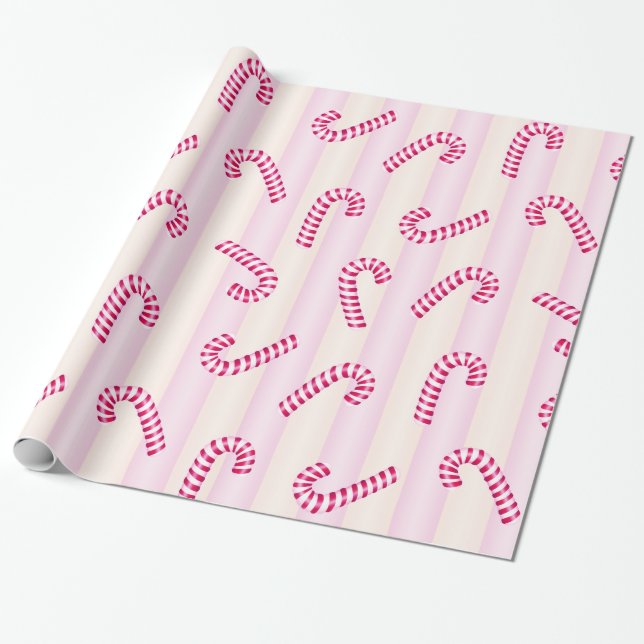 Papel De Presente Padrão de Candycanes Rosa de Natal (Desenrolado)