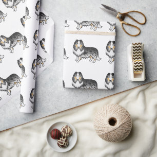 Papel De Presente Padrão de Cão de Cartoon de Collie Cuta Azul