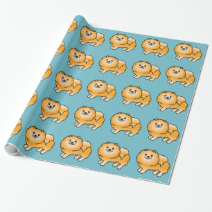 Papel De Presente Padrão De Cão Pomeraniano Laranja No Azul