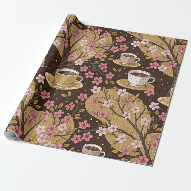 Papel De Presente Padrão de Capa de Café Flor de Cerejeira (8) (Desenrolado)