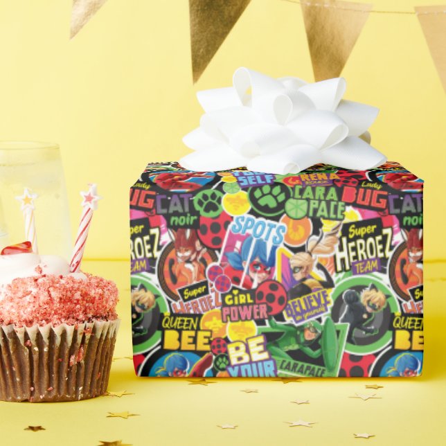 Papel De Presente Padrão de Caracteres de Super Herói Miraculoso (Festa de aniversário)