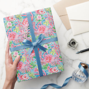 Papel De Presente Padrão de Caranguejos Florais da Praia de Preppy