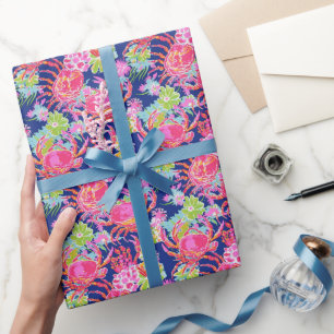 Papel De Presente Padrão de Caranguejos Florais do Oceano de Praia d