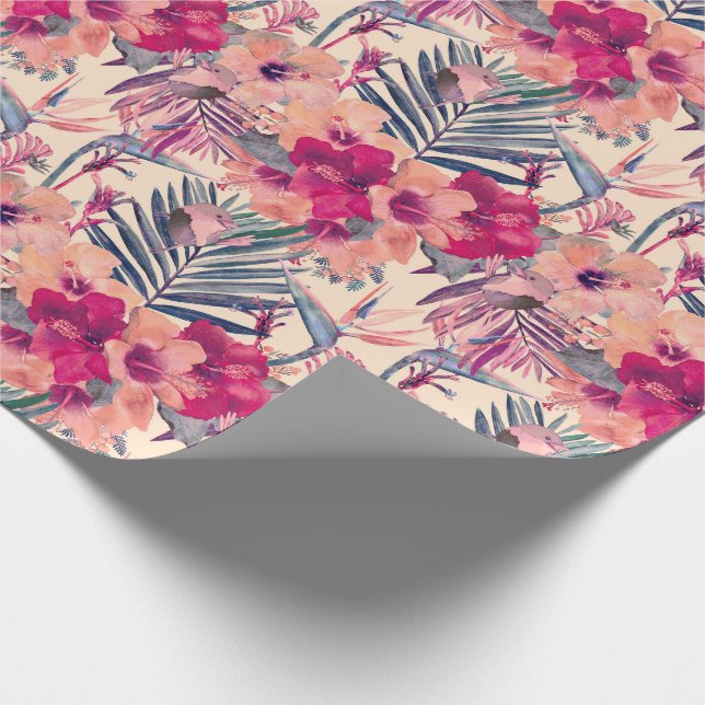 Papel De Presente Padrão de Cardeal de Hibisco Tropical Retro (Ponta)