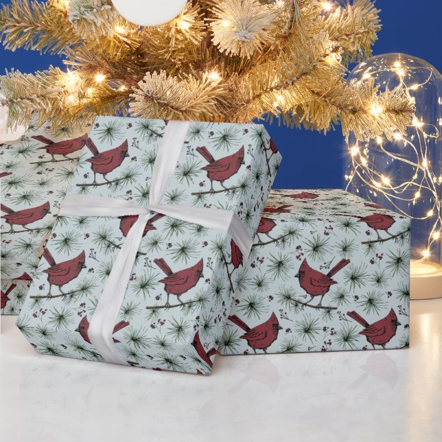 Papel De Presente Padrão de Cardinais Vermelhos Azul (Feriados)