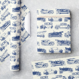 Papel De Presente Padrão de Carro vintage Azul do Antigo Temporizado