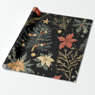 Papel De Presente Padrão de carvão de Natal Holly Verde Vermelho