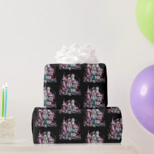 Papel De Presente Padrão de Casa Assombrada Rosa e Cinza Halloween