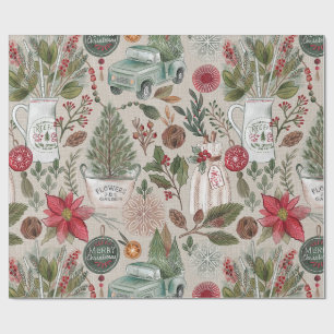 Papel De Presente Padrão de Casa de Campo de Natal Vintage