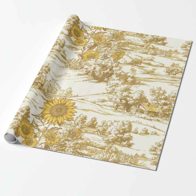 Papel De Presente Padrão de Casa de Verão Girassol Dourado (Desenrolado)