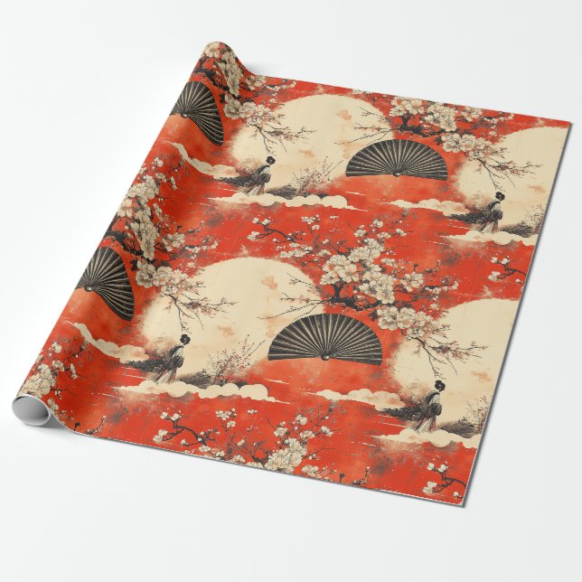 Papel De Presente Padrão de Casal de Quimono Romântico Sakura (1) (Desenrolado)