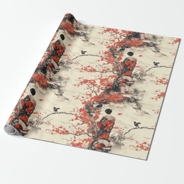 Papel De Presente Padrão de Casal de Quimono Romântico Sakura (2) (Desenrolado)