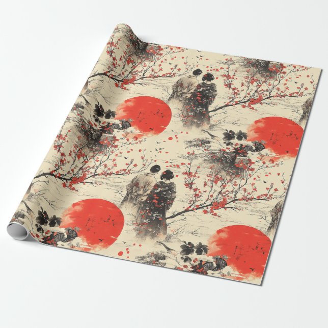 Papel De Presente Padrão de Casal Kimono Romântico Sakura (3) (Desenrolado)