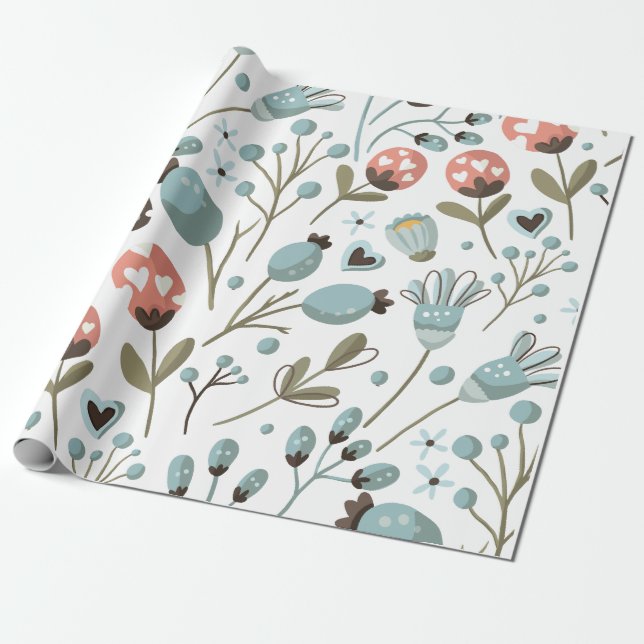 Papel De Presente Padrão de Casamento Floral Azul da Primavera  (Desenrolado)