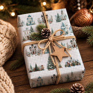 Papel De Presente Padrão de Casas de Natal de Inverno Azul Elegante