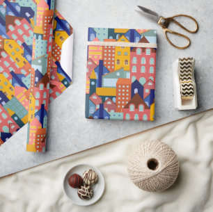 Papel De Presente Padrão de Casas de Quarteirão de Vizinhança