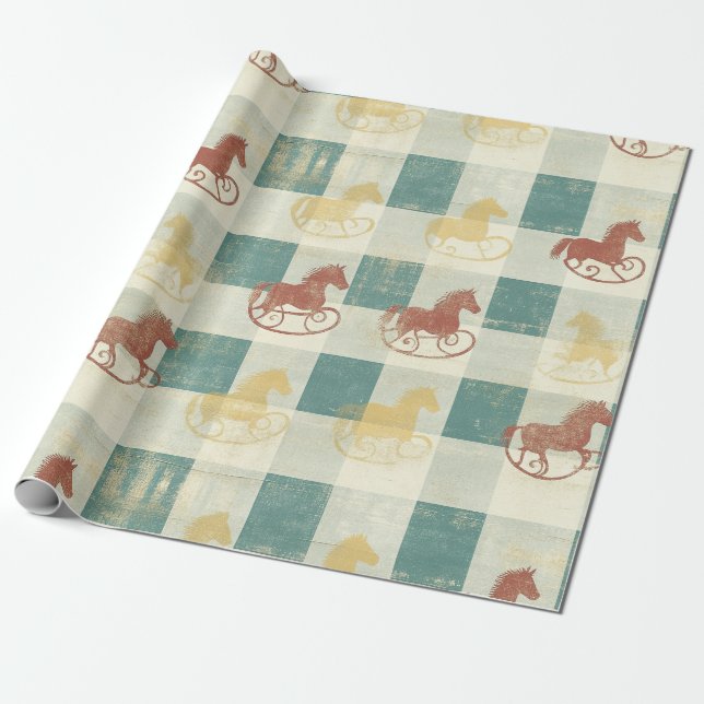 Papel De Presente Padrão de Cavalo de Balanço Xadrez Rústico para Be (Desenrolado)