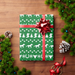 Papel De Presente Padrão de Cavalo de Natal Rústico no Campo Verde