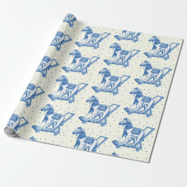 Papel De Presente Padrão de Cavalo de Pau Azul Vintage Fofo
