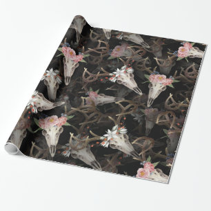Papel De Presente Padrão de Caveiras de Veado com Flores