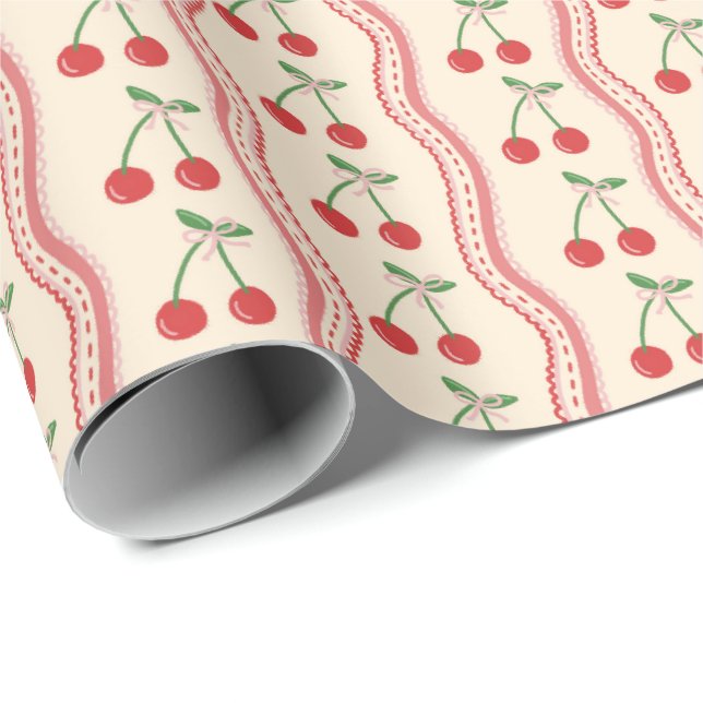 Papel De Presente Padrão de Cereja Creme com Listras Onduladas Rosa (Ponta do rolo)