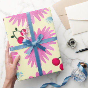 Papel De Presente Padrão de Cereja Floral Rosa Brilhante Fofo Kawa