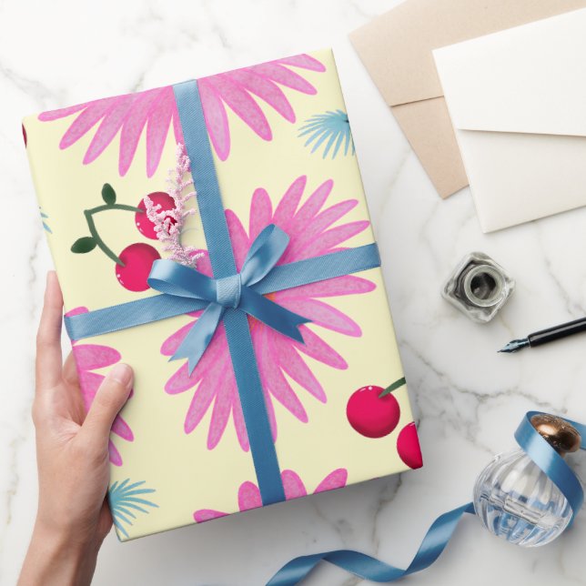 Papel De Presente Padrão de Cereja Floral Rosa Brilhante | Fofo Kawa (Presentear)
