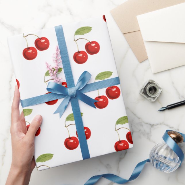 Papel De Presente Padrão de Cerejas Vermelhas Retro Chic em Branco (Presentear)
