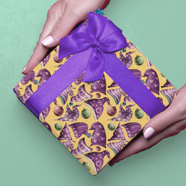 Papel De Presente Padrão de chapéu de gnomo amarelo púrpura com retr