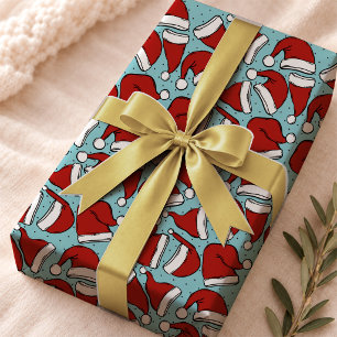 Papel De Presente Padrão de Chapéu de Papai Noel Azul Água Fofo Retr