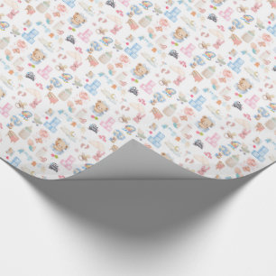 Papel De Presente Padrão de Chás de Bebê em Aquarela com Urso Teddy