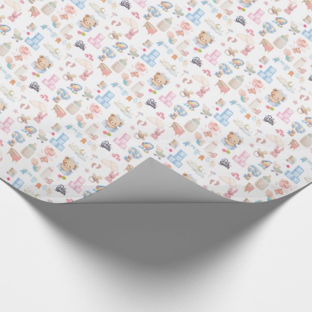 Papel De Presente Padrão de Chás de Bebê em Aquarela com Urso Teddy (Ponta)