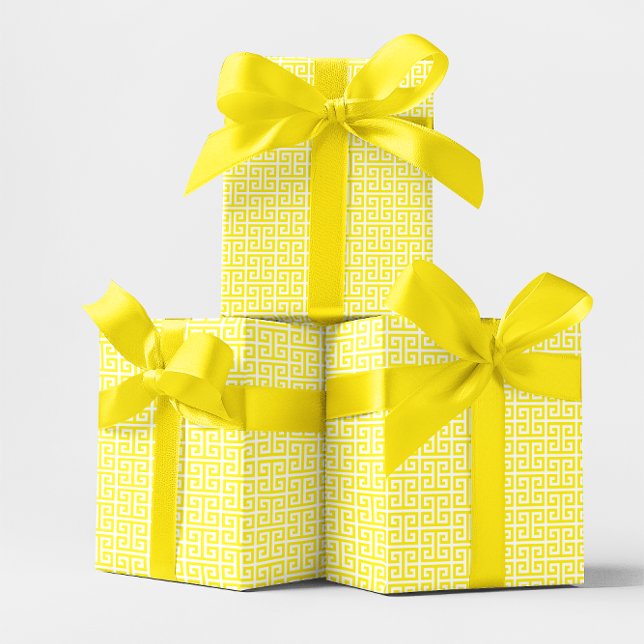 Papel De Presente Padrão de Chave Grega Amarelo Brilhante e Branco (Bright Yellow and White Greek Key Pattern Wrapping Paper Roll)
