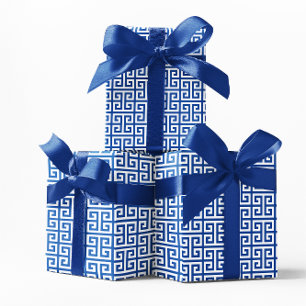 Papel De Presente Padrão de Chave Grega Cobalto e Branco