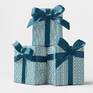 Papel De Presente Padrão de Chave Grega em Teal Escuro e Branco