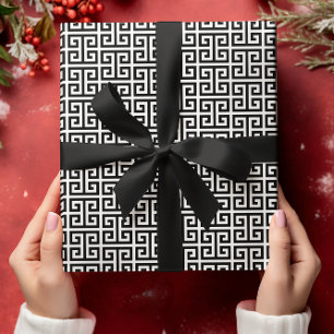 Papel De Presente Padrão de chave grega preto e branco