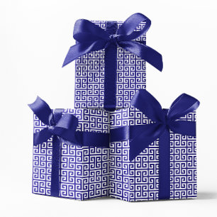 Papel De Presente Padrão de Chave Grega Ultramarino e Branco