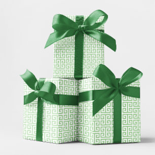 Papel De Presente Padrão de Chave Grega Verde Claro e Branco