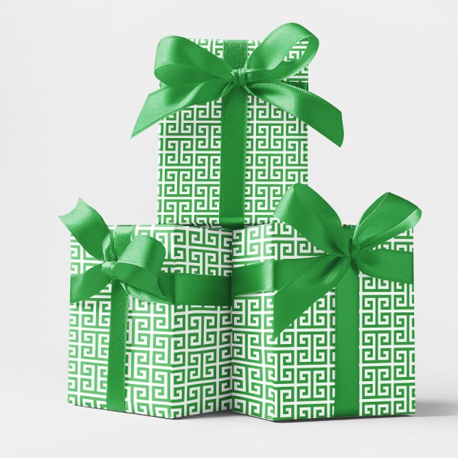 Papel De Presente Padrão de chave grega verde e branco Kelly (Kelly Green and White Greek Key Pattern Wrapping Paper)