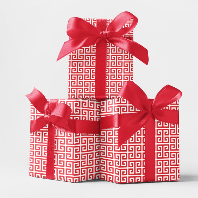 Papel De Presente Padrão de Chave Grega Vermelho e Branco Brilhante (Bright Red and White Greek Key Pattern Wrapping Paper)