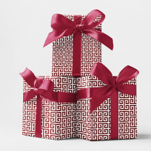 Papel De Presente Padrão de Chave Grega Vermelho e Branco Profundo