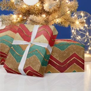 Papel De Presente Padrão de Chevron Elegante Vermelho Dourado Verde